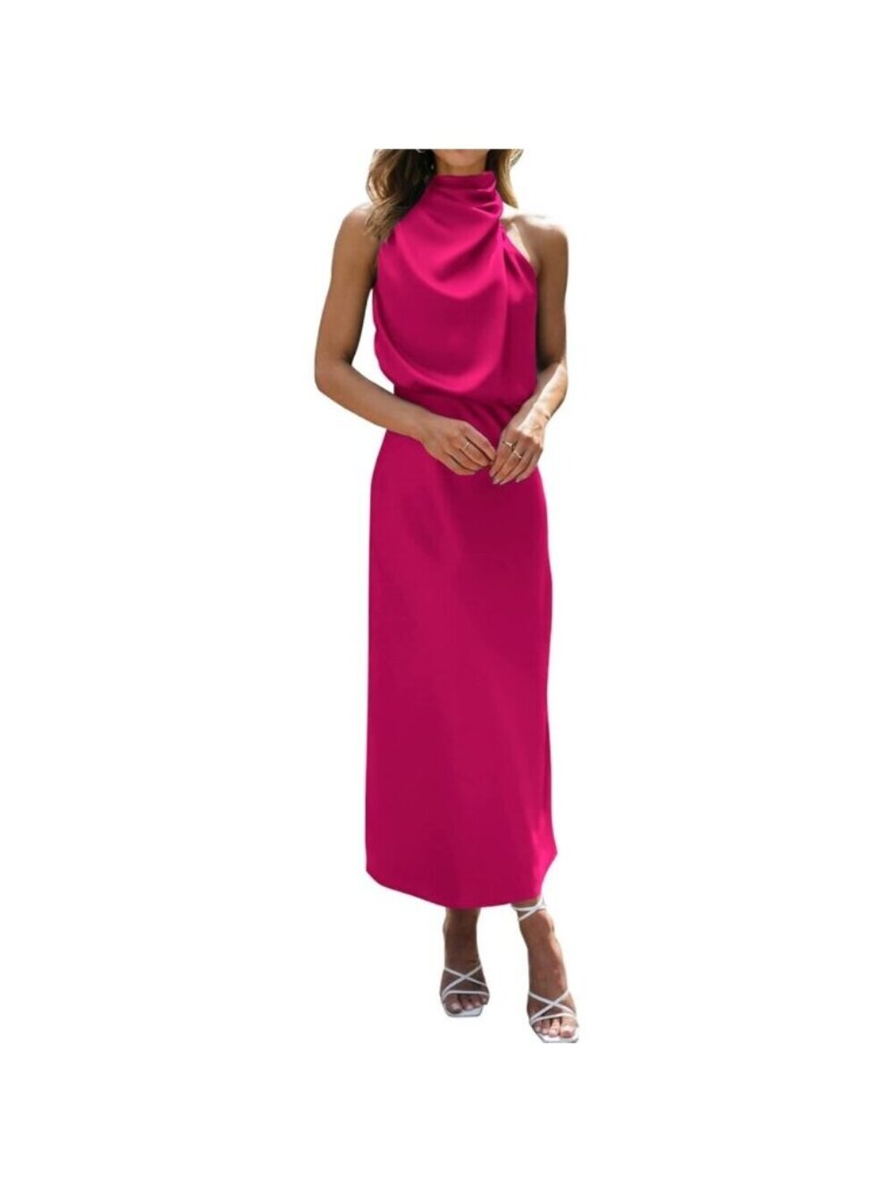 Women's Rose Red Cocktail Dressess for Satin Silk Sleeveless High Waist Maxi